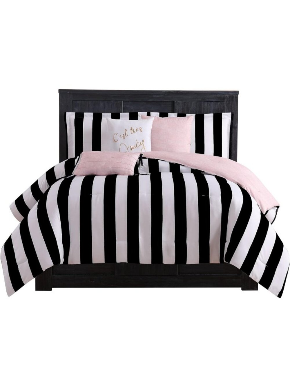 Reversible Queen Bedding Set - Black & White Stripe - 6 Piece Comforter